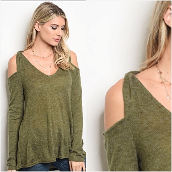 Lightweight Cold Shoulder Olive Sweater Tunic Sold - Picture 2 of 5