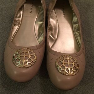 Tahari nude flats with gold embellished toe!