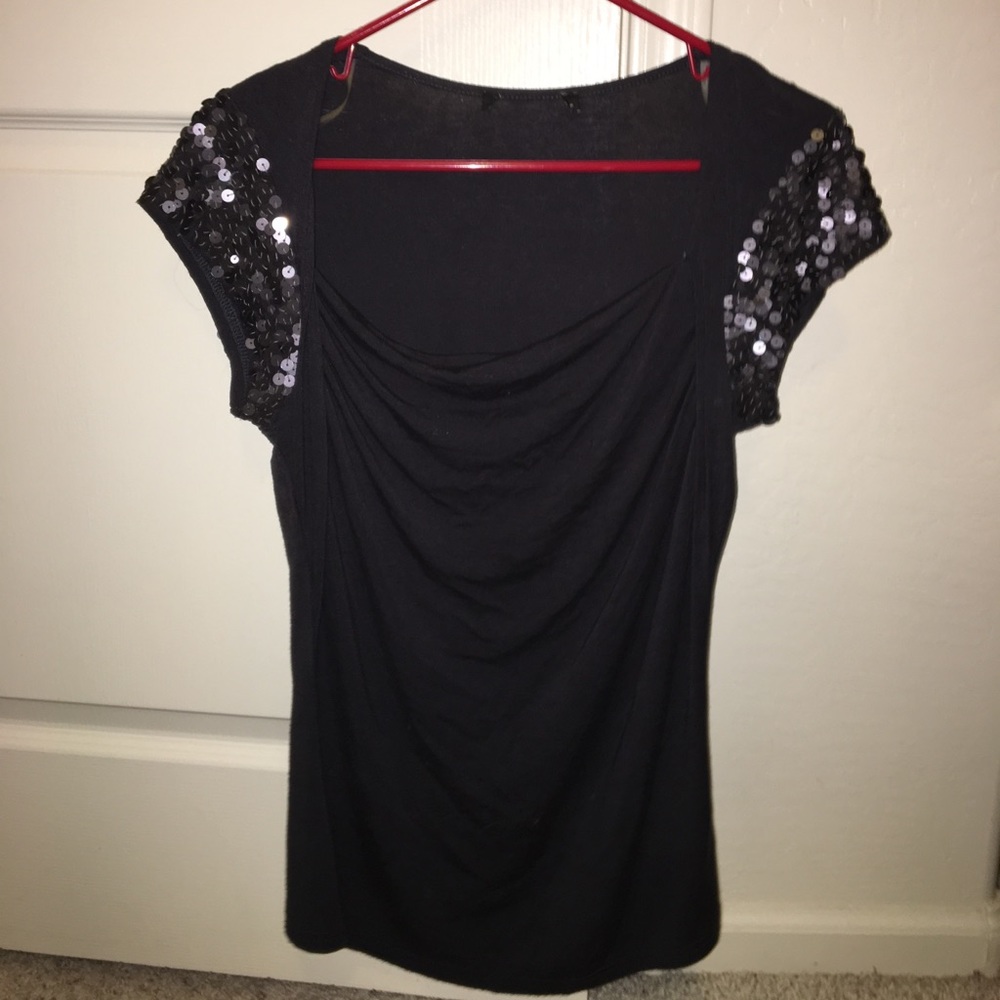 Festive draped neck top with sequin sleeves