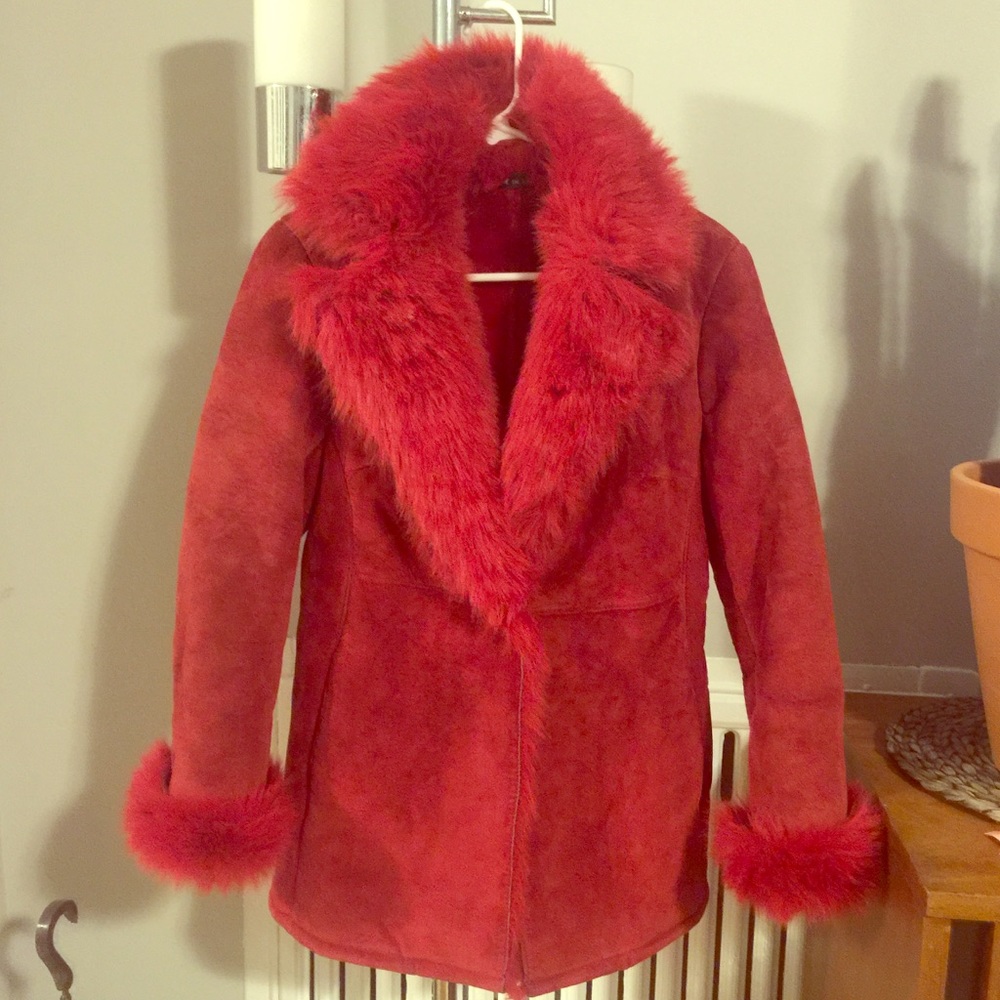 RED SUEDE AND FUR COAT