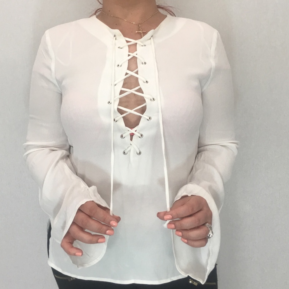White Lace-Up Bell Sleeve Top