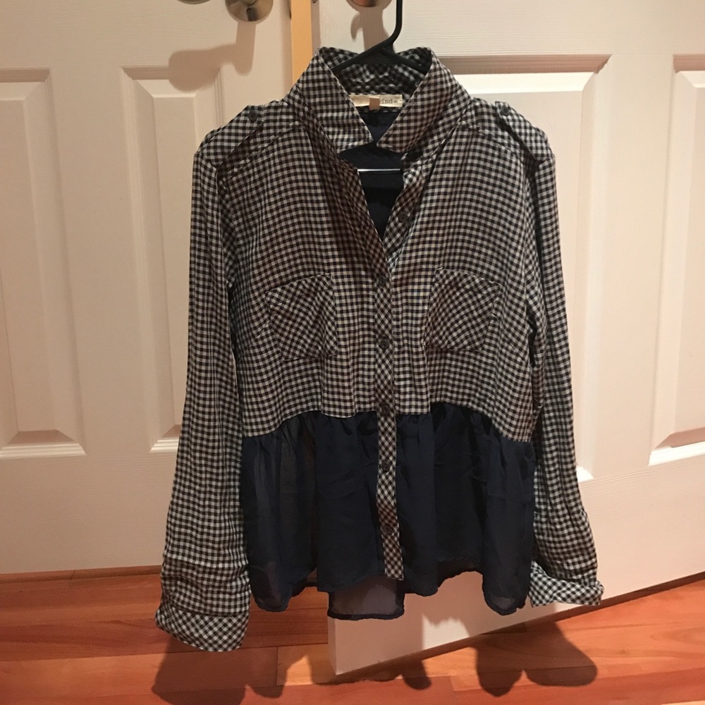 Navy blue plaid with Sheer bottom shirt