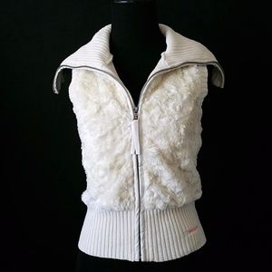 DKNY Jeans sweater vest Ivory faux fur zip front S