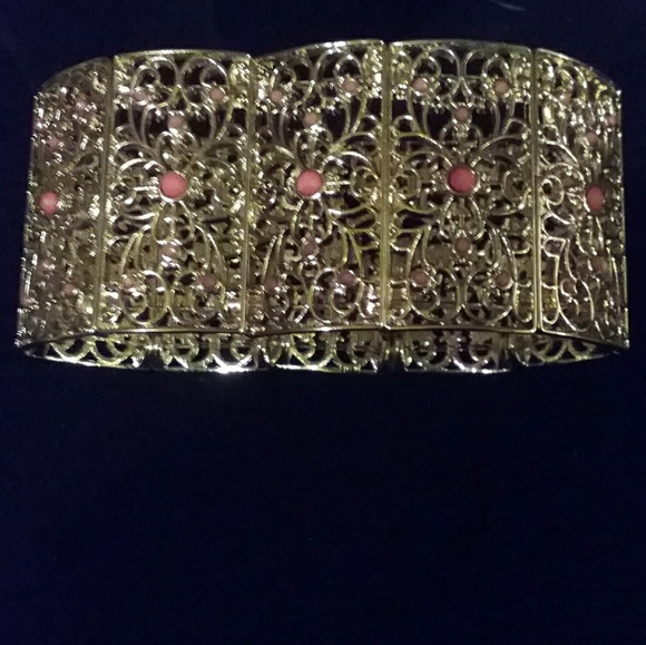 WH|BM: NWOT; Gold/Coral Filligree stretch Bracelet - Picture 3 of 3