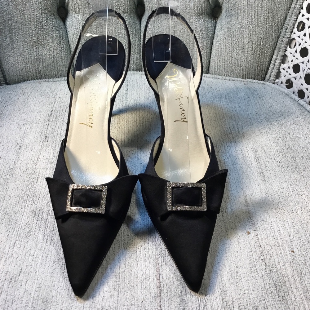 Will's Fancy Satin Rhinestone Slingbacks Heels EUC
