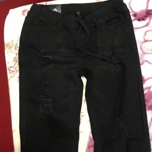 Distressed denim joggers