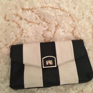 Black & White Stripe Clutch with Gold Chain Strap