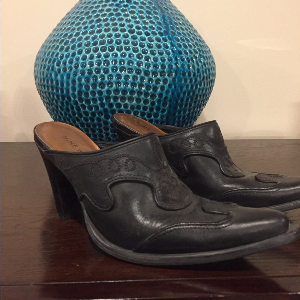 Black leather mules