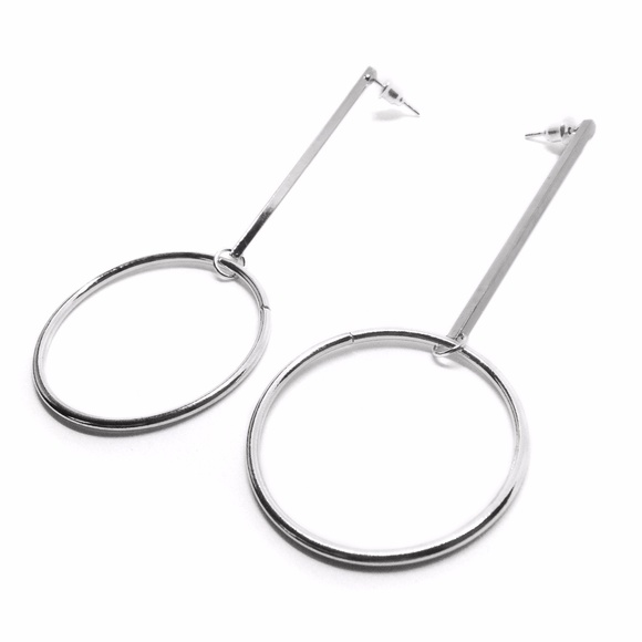 Earrings Bar Circle Dangle Silver - Picture 2 of 4