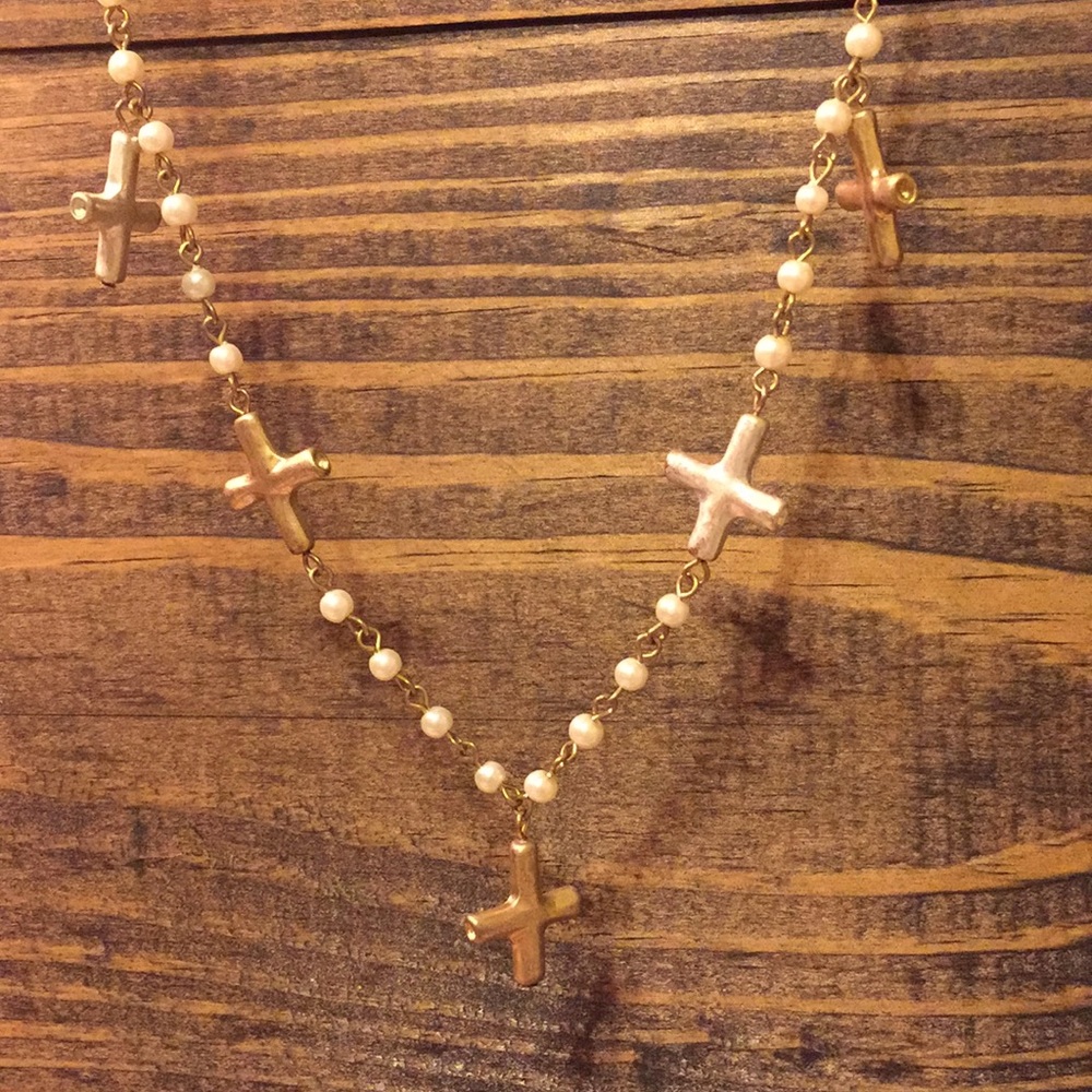 Gold and silver cross necklace with pearl chain!!