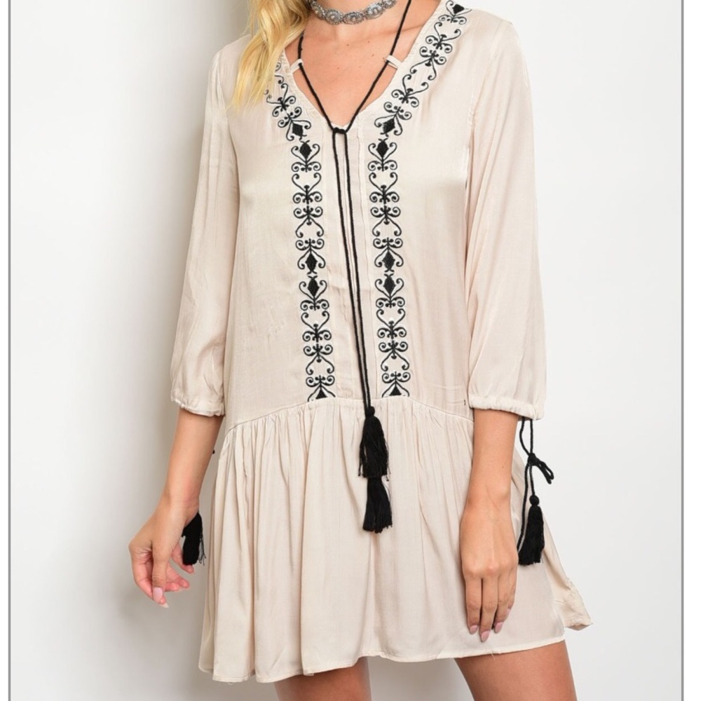 Embroidered Boho Tassel Tunic Dress