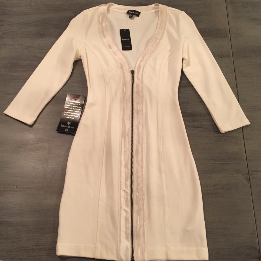 NWT Bebe Sz XS Cream Dress w/Satin Trim Zipper