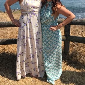 Green/Blue peacock print high neck dress