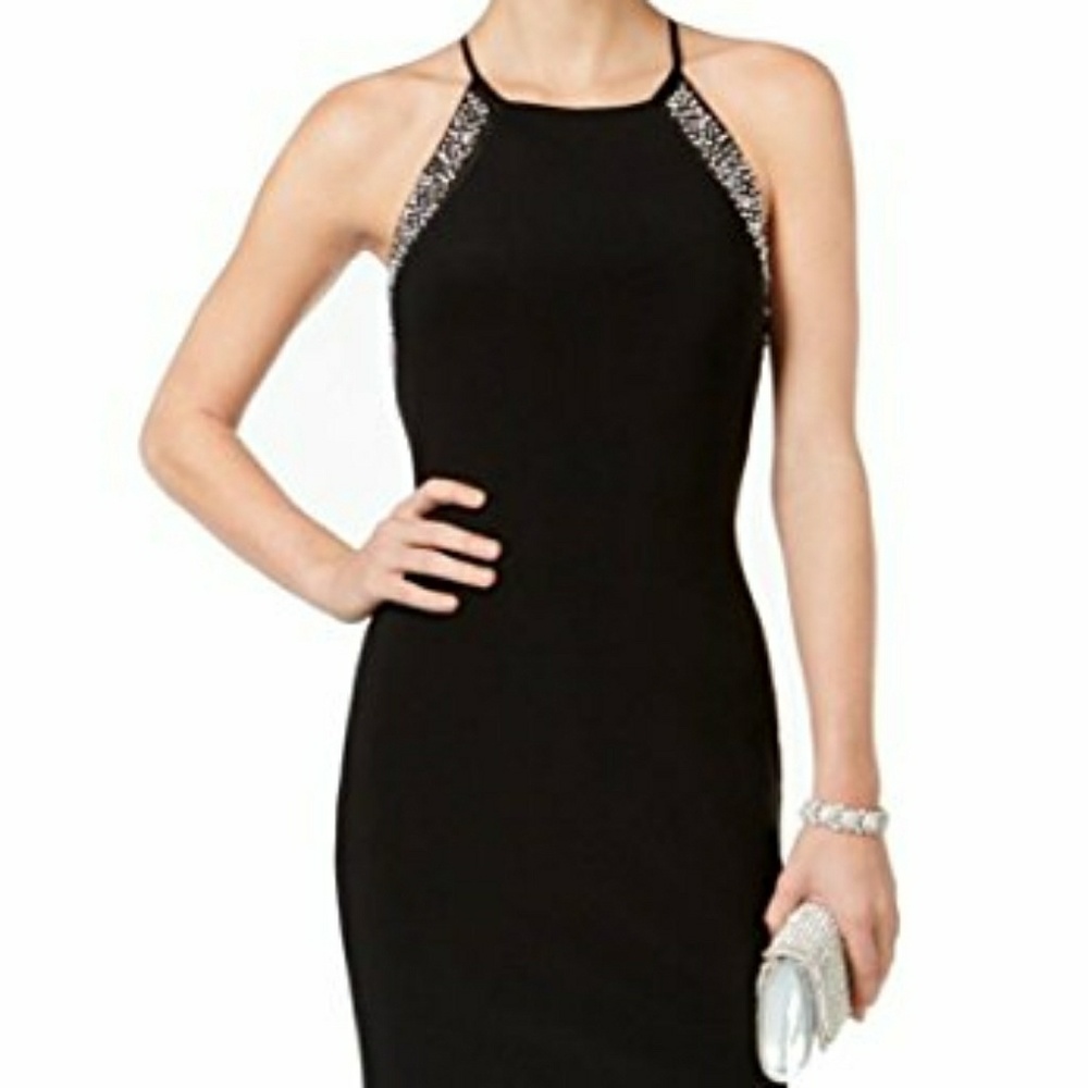 💋Betsy & Adam black embellished long halter gown