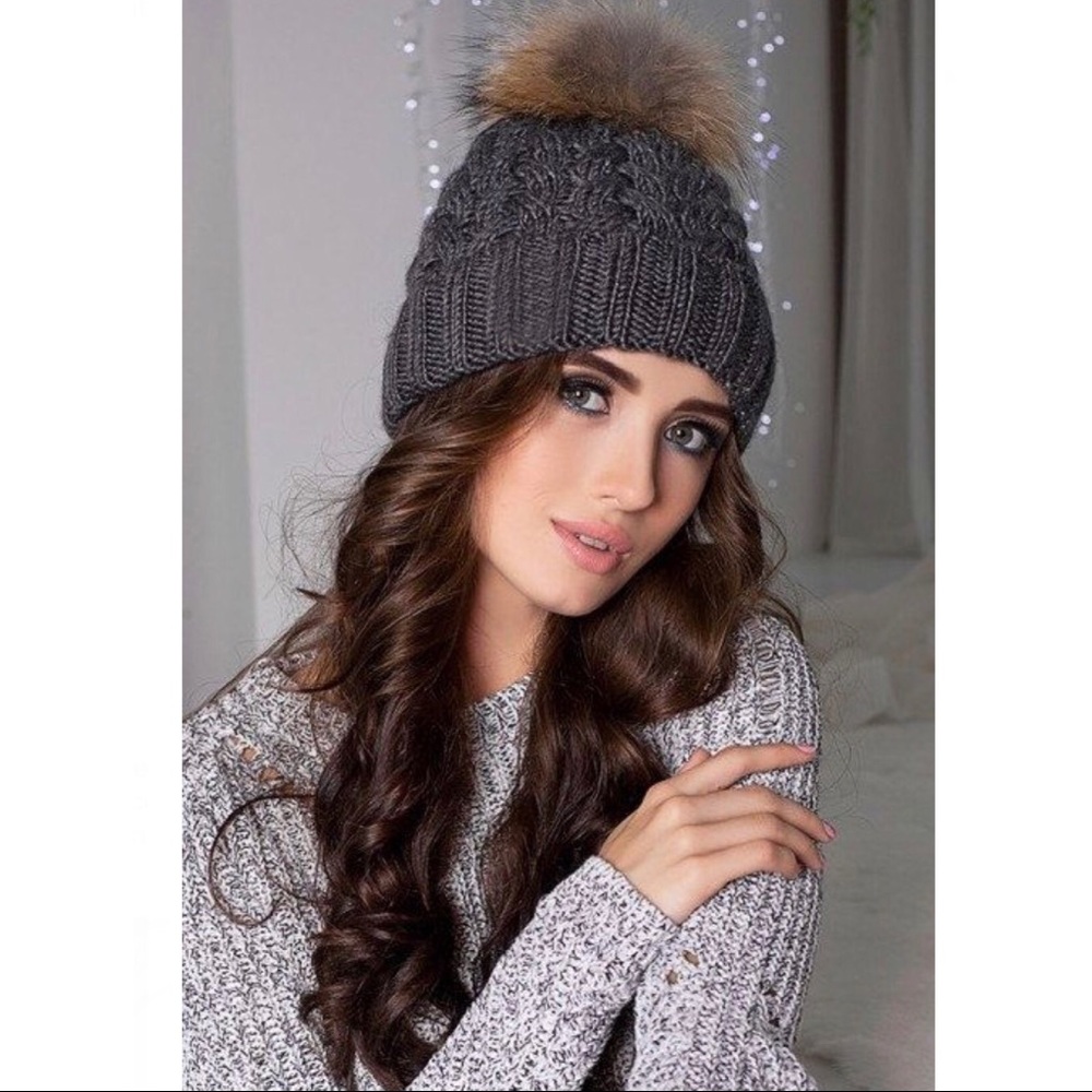 ‘Nora’ Dark Gray Cable Knit Pom Pom Hat - Picture 1 of 4