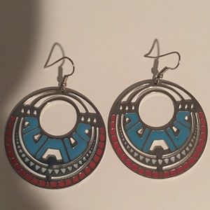 Silver, Turquoise & Orange filagree disc Earrings