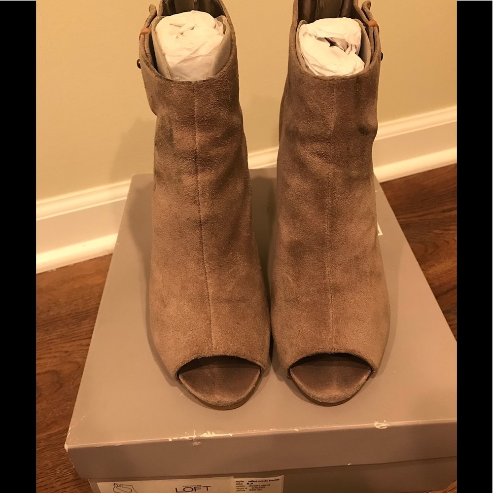Ann Taylor Loft Tan Suede Peep Toe 3" Heel Bootie