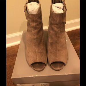 Ann Taylor Loft Tan Suede Peep Toe 3" Heel Bootie