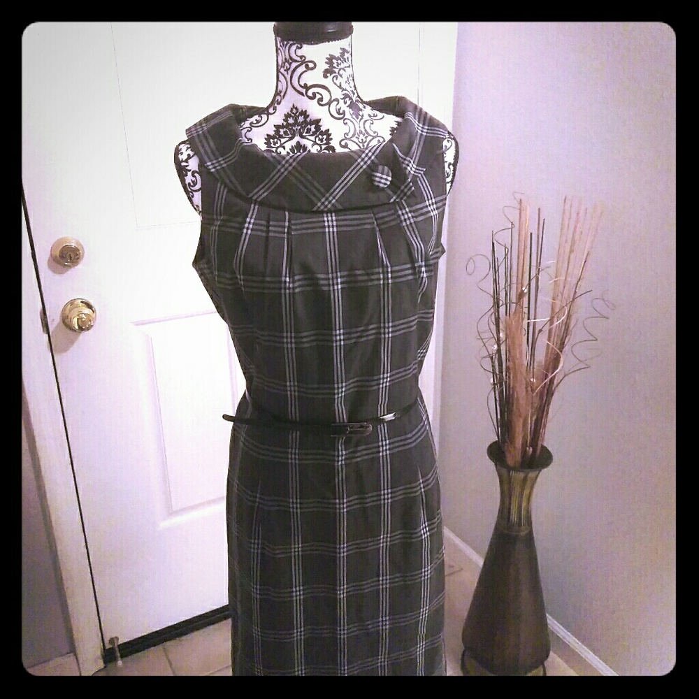 KARIN STEVENS PLAID GREY BLACK DRESS