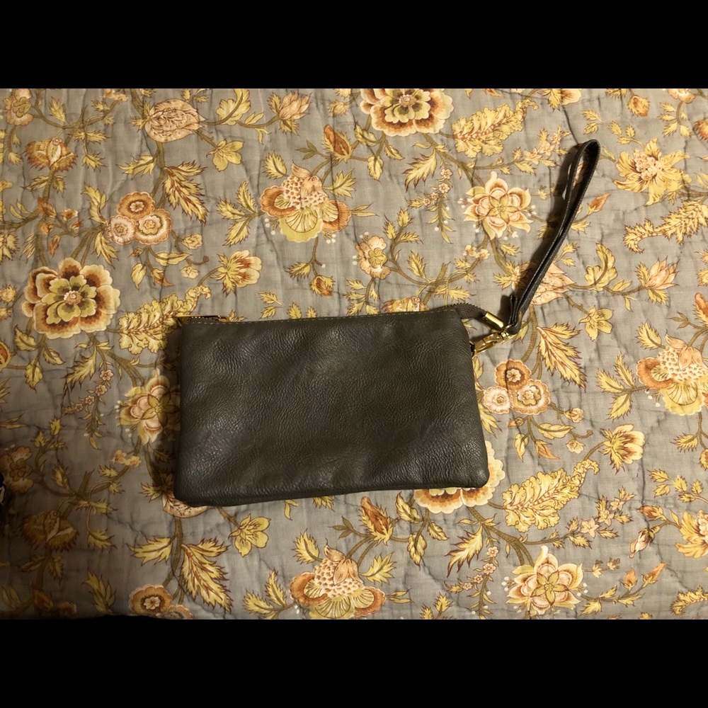 Grey and gold accented wristlet