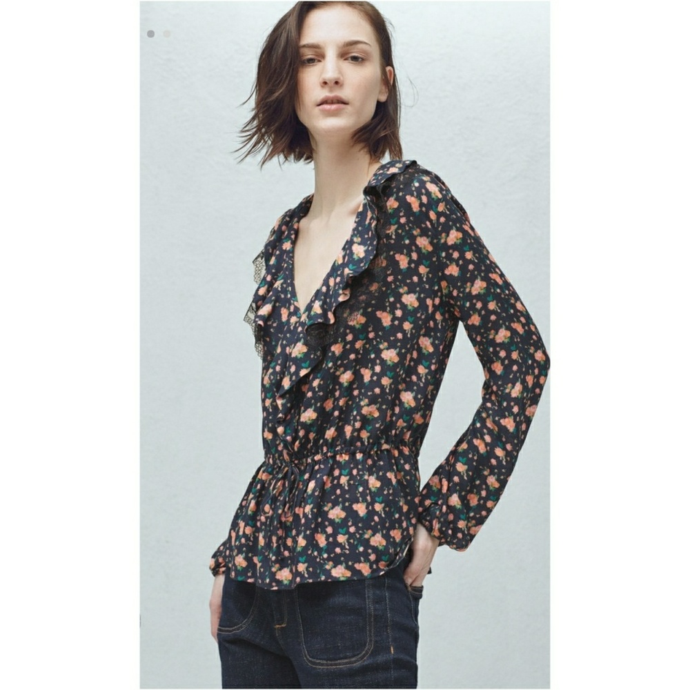 NWT! MANGO Floral Blouse Lace Collar Drawstring