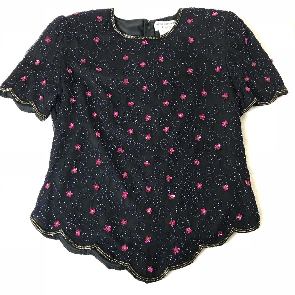 Black Sequin metallic floral print blouse XL