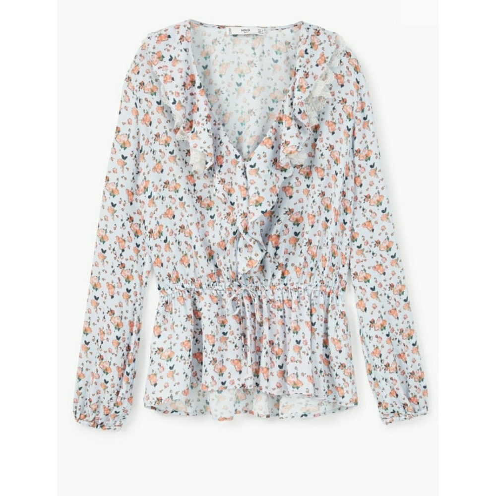 NWT! MANGO Floral Blouse Lace Collar Drawstring
