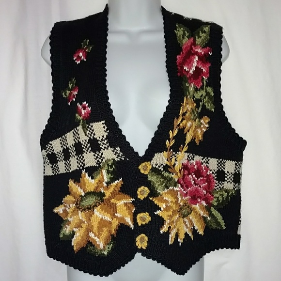 VTG 90s Handknitted Floral Sweater Vest M - EUC - Picture 2 of 7