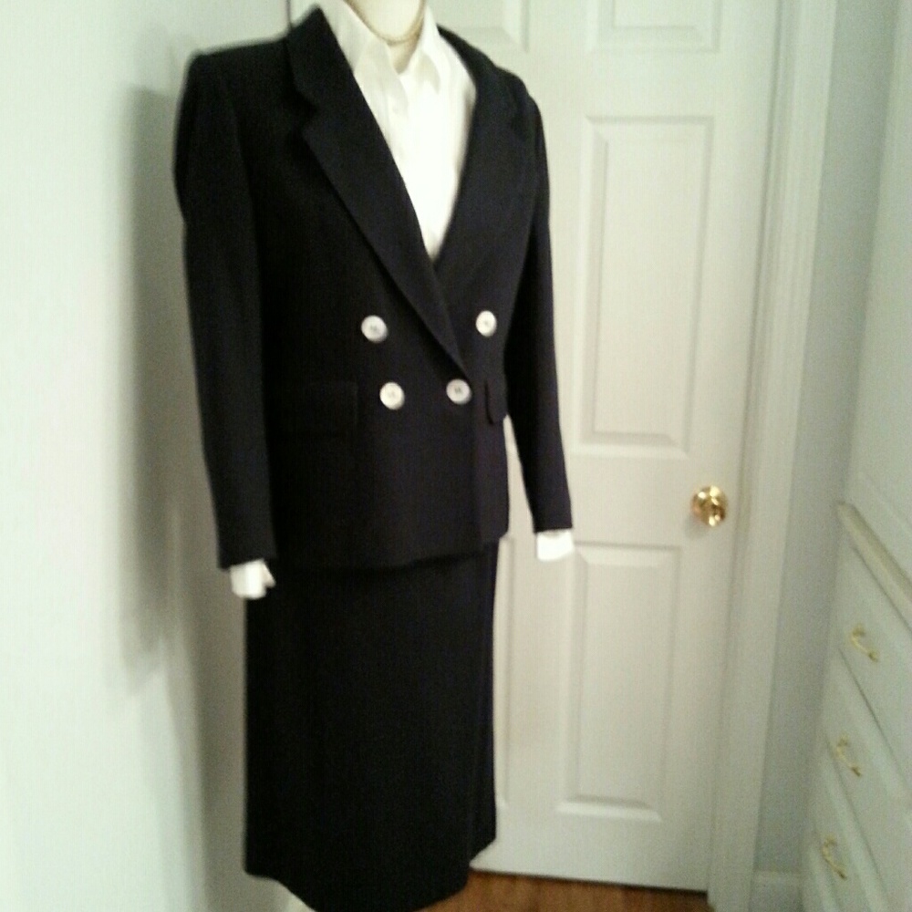 Navy blue suit. No blouse.