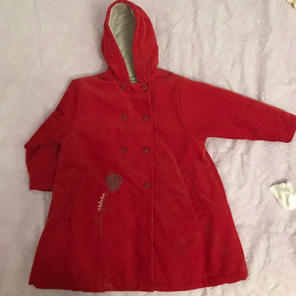 Red hooded corduroyed jacket with embroidery!