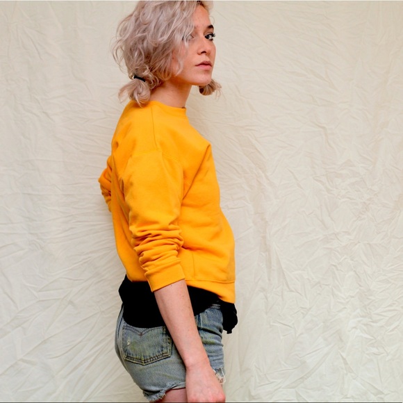 Yellow 3/4 Sleeve Crew Neck Sweatshirt Sweater - Picture 2 of 3