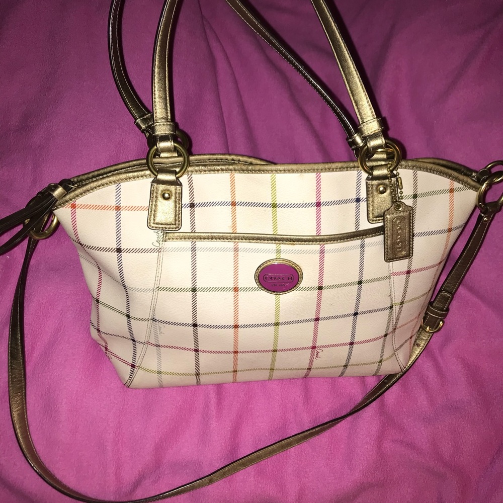 Authentic Coach Leather Gold Plaid Peyton Tote