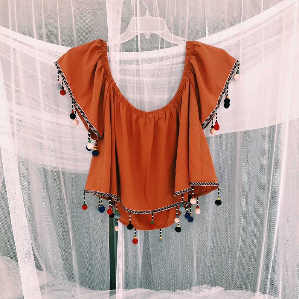 Boho tassel off shoulder top- size Med