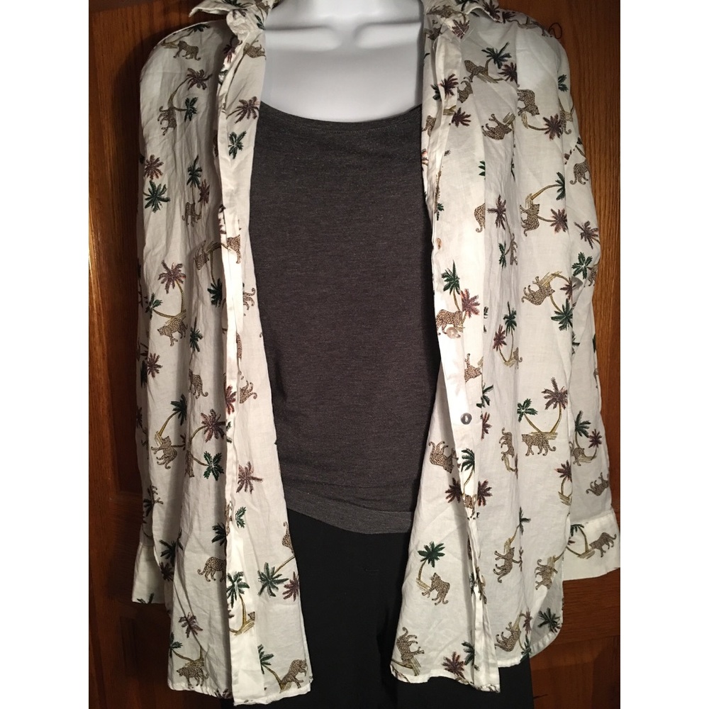 Tropical themed button down long-sleeve top