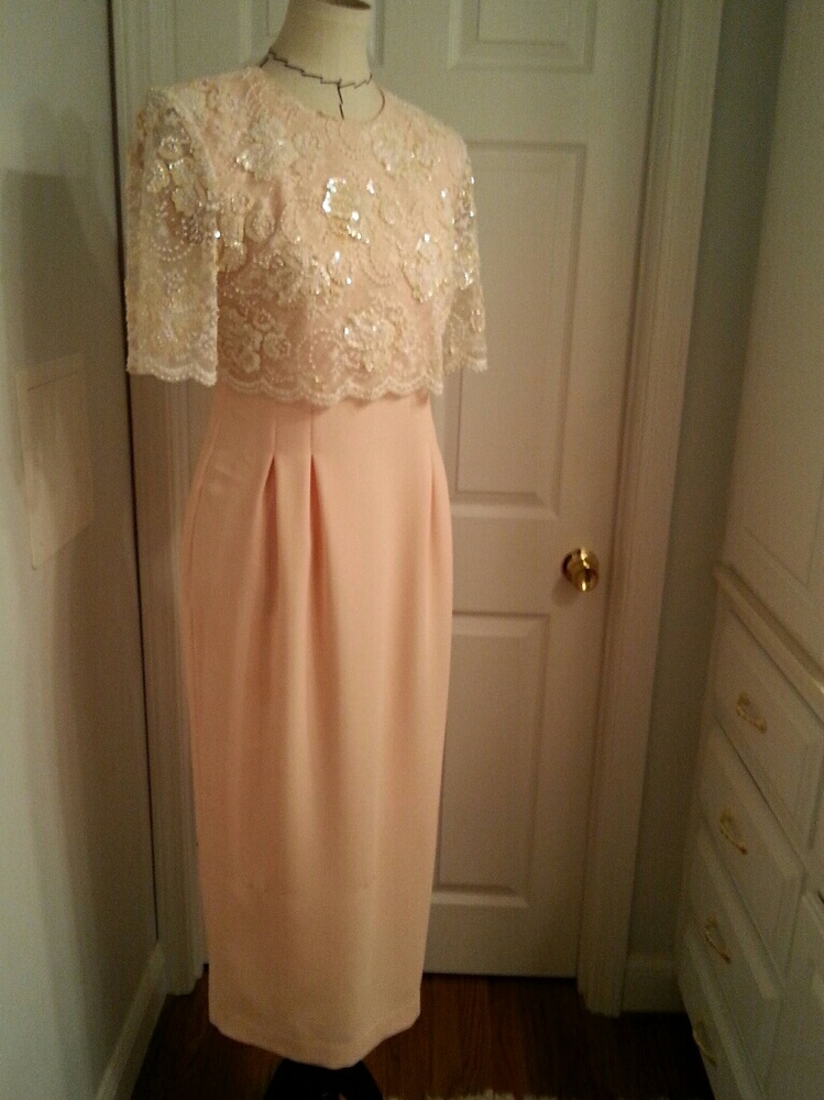 Soft peach and lace dinner or party dress.