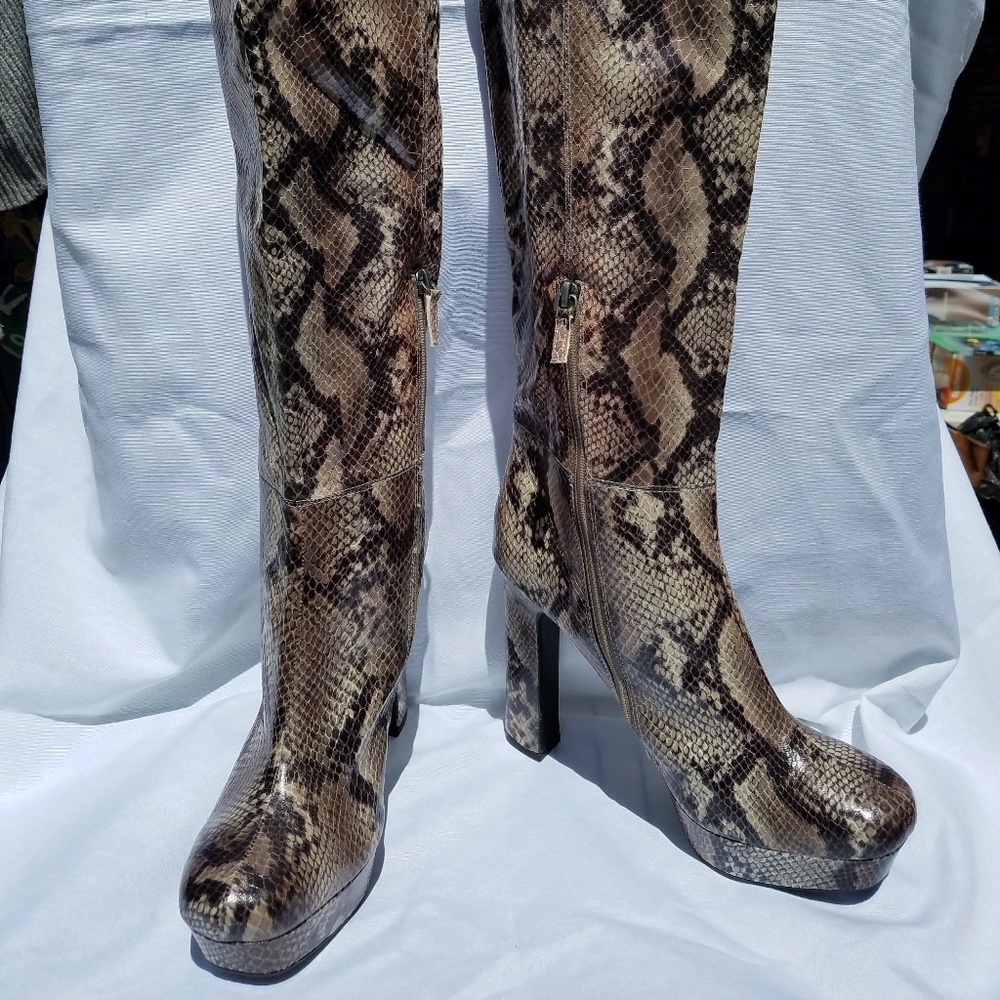 Tall snake skin print platform boots