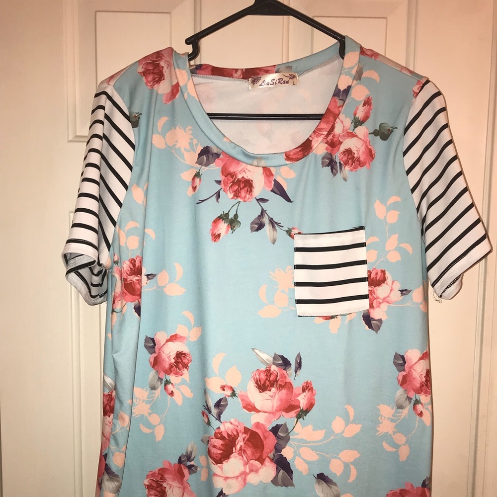 Turquoise floral w/ black & white stripe sleeves.