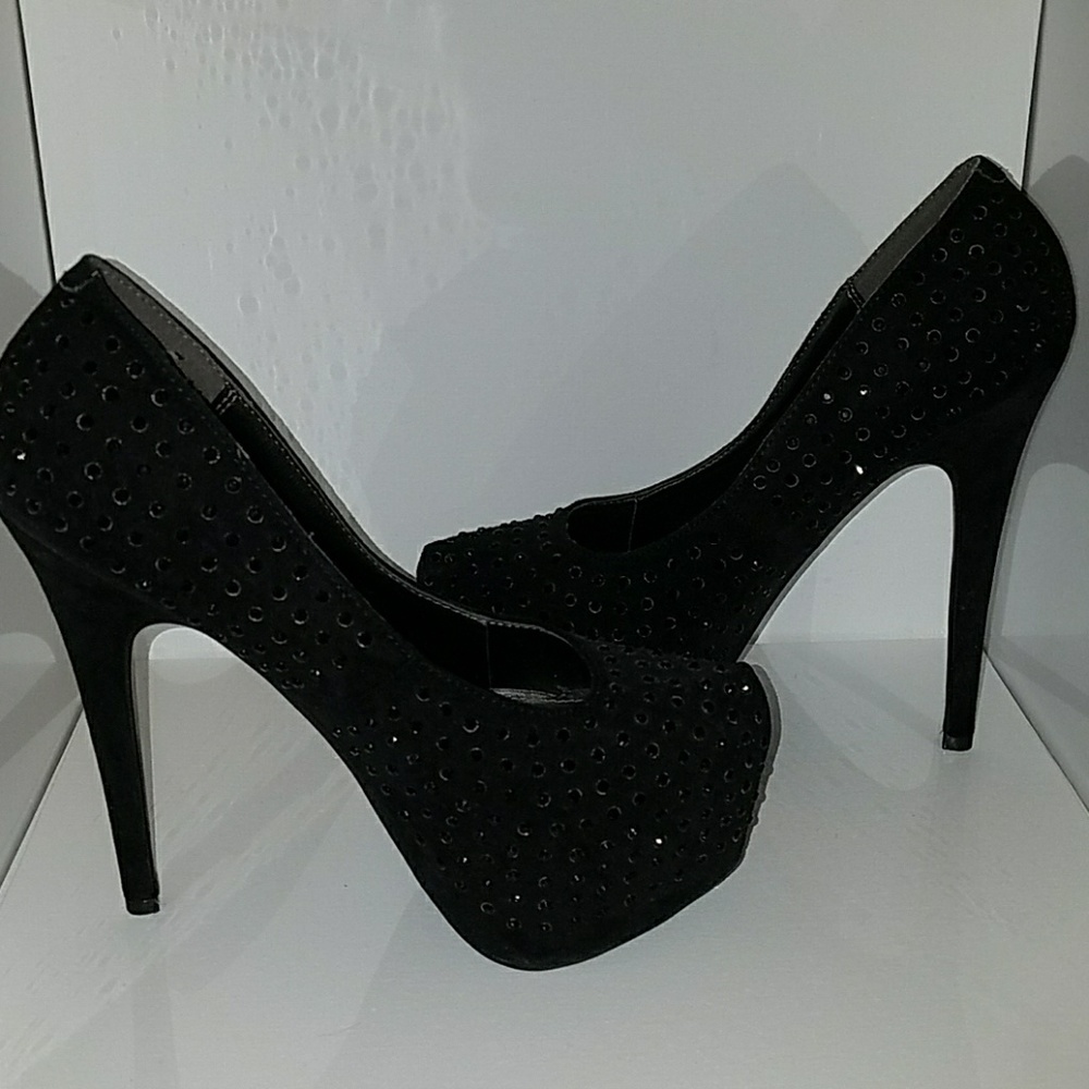 Black Velvet High Heel Pump with diamente detail