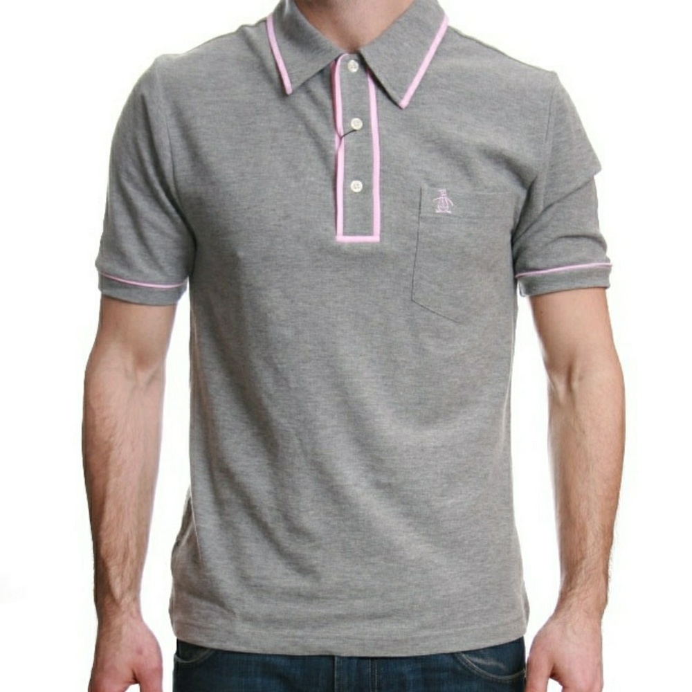 Penguin Earl Polo in Grey With Pink Tipping Men XL