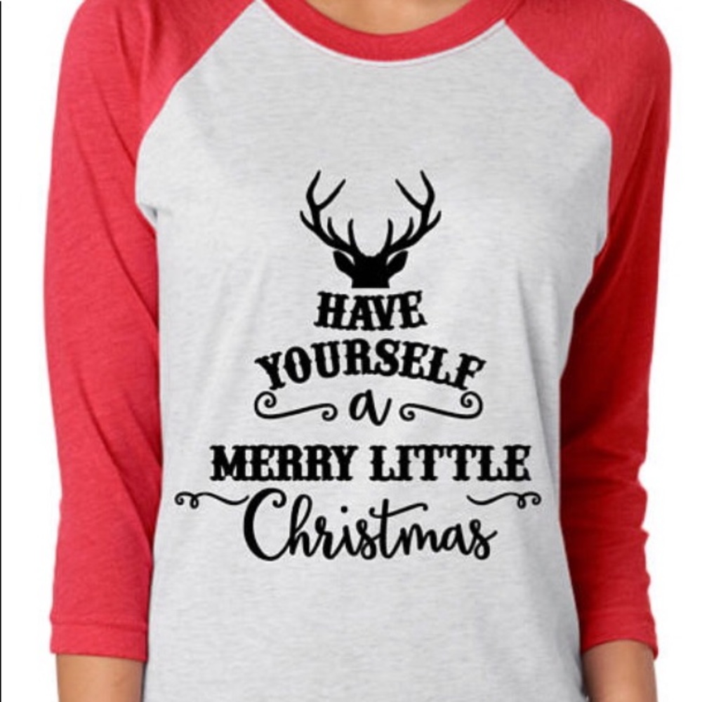 Ladies Christmas Baseball Tee. 3/4 sleeve