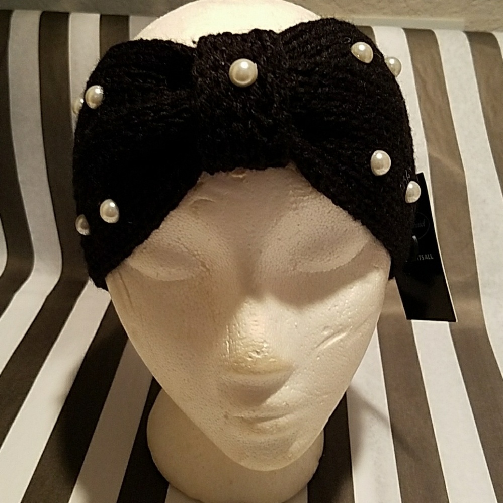 Black bow knit headband pearls ski