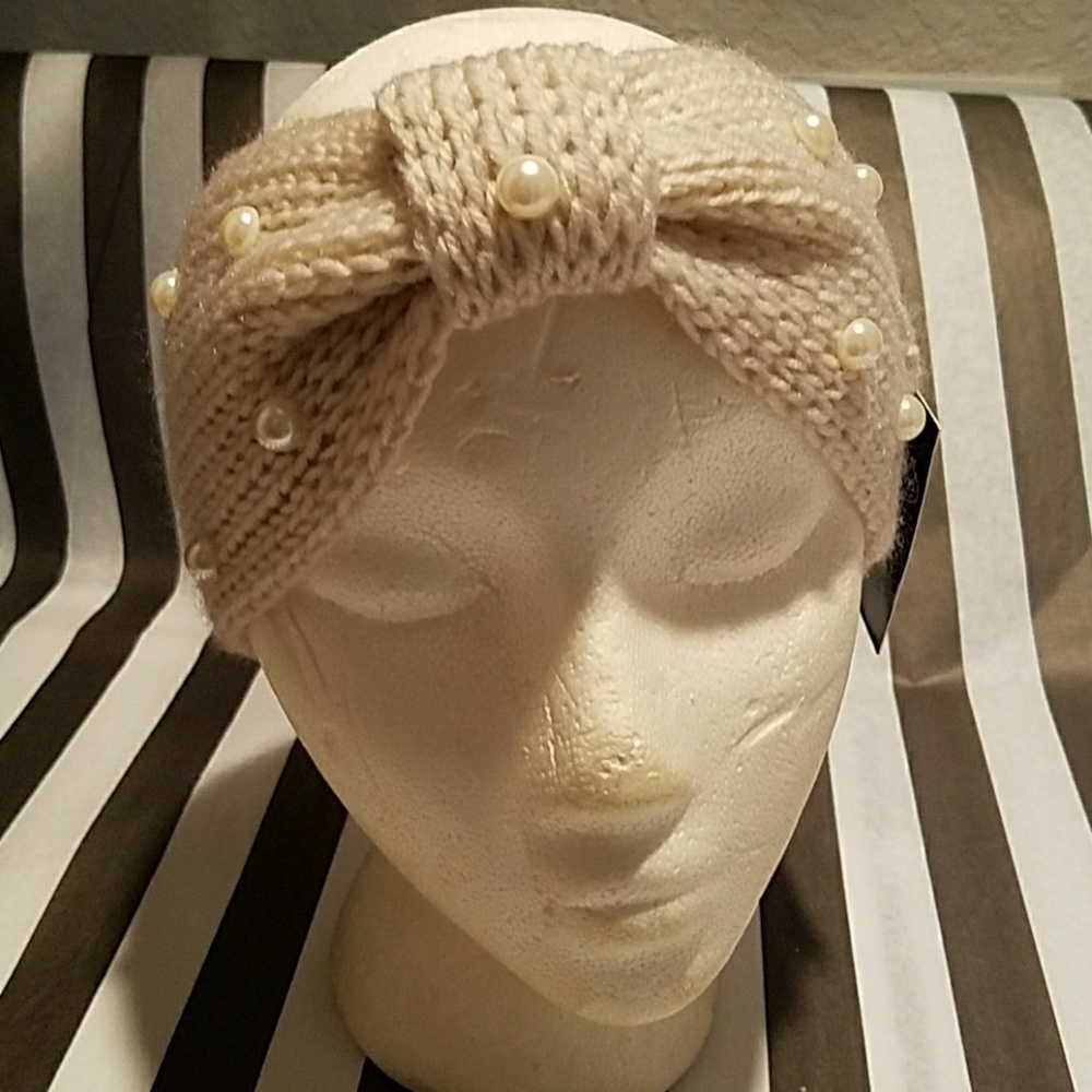Oatmeal bow knit headband pearls ski