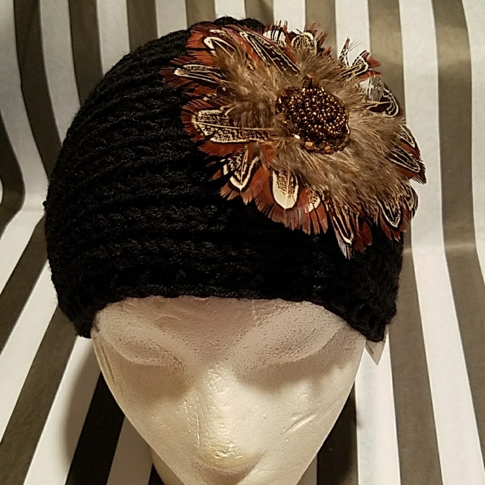 Feather beaded flapper knit headband