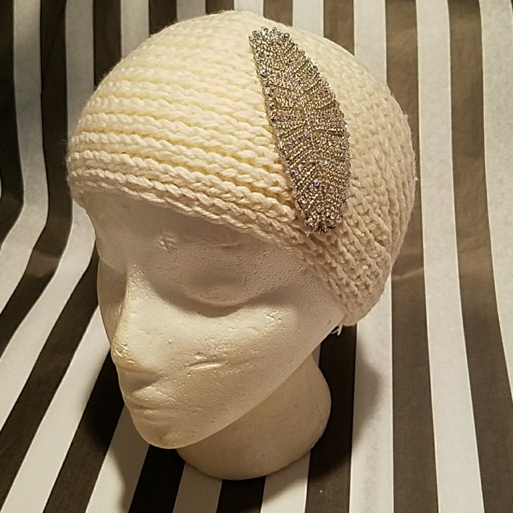 Ivory knit headband feather bead rhinestone