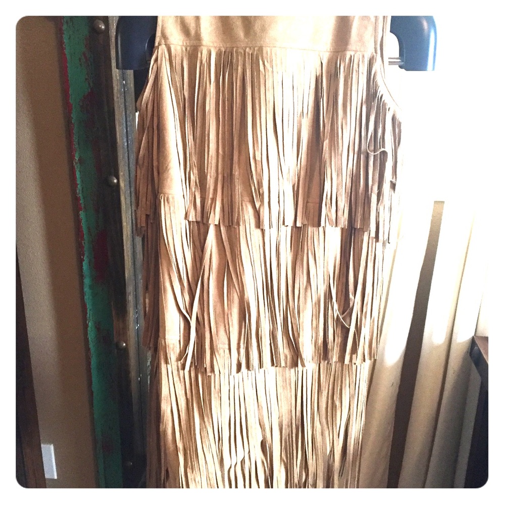 Tan faux suede fringe mini dress