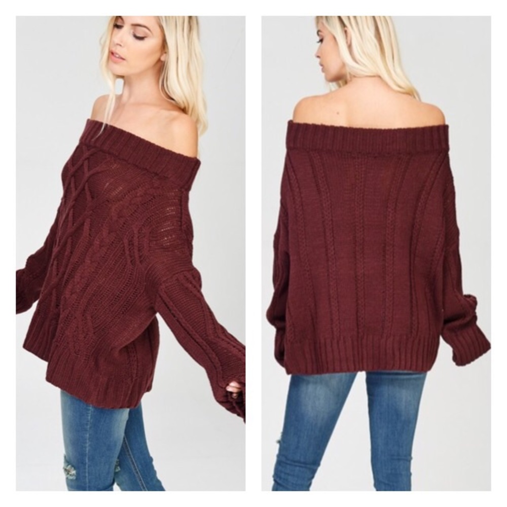 Burgundy Off Shoulder knit sweater - Picture 2 of 6