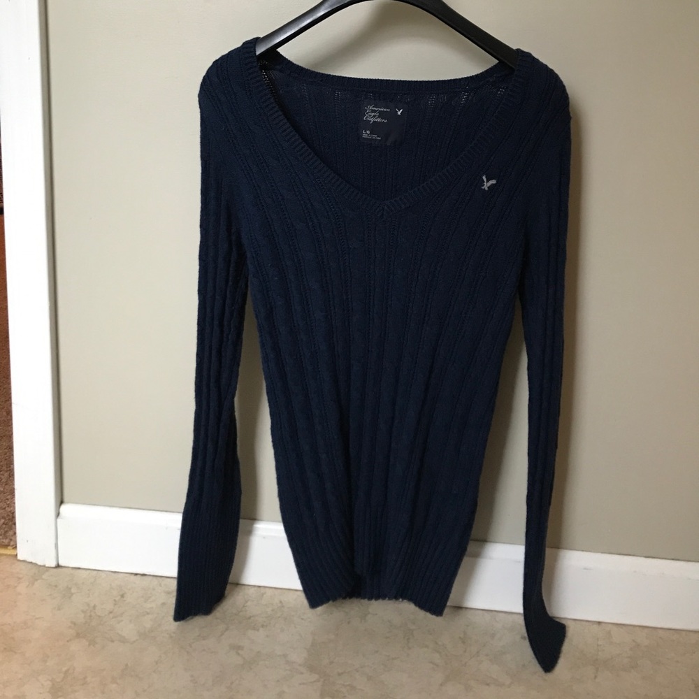 American Eagle Navy V-Neck Cable Knit Sweater