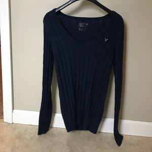 American Eagle Navy V-Neck Cable Knit Sweater
