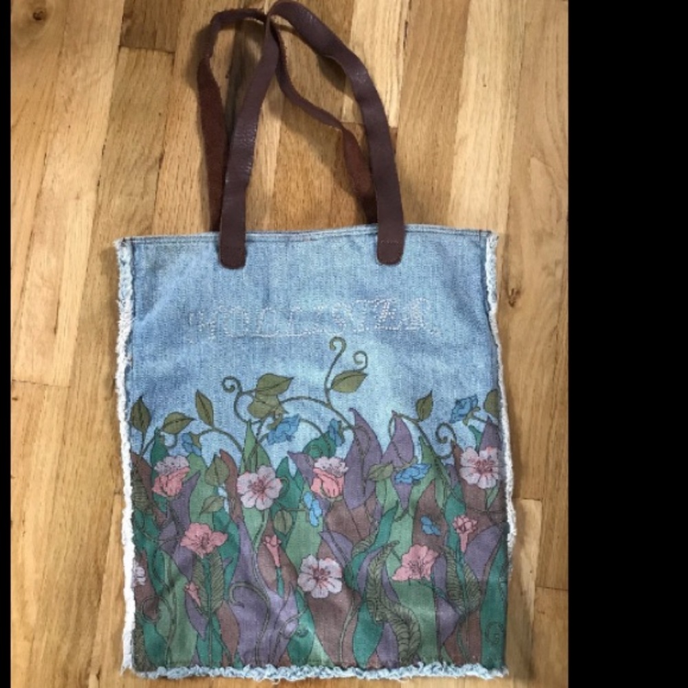 HOLLISTER VINTAGE DENIM TOTE LEATHER FLOWERS EUC