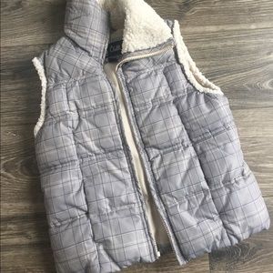 Super cute gray plaid sherpa lined puffer vest